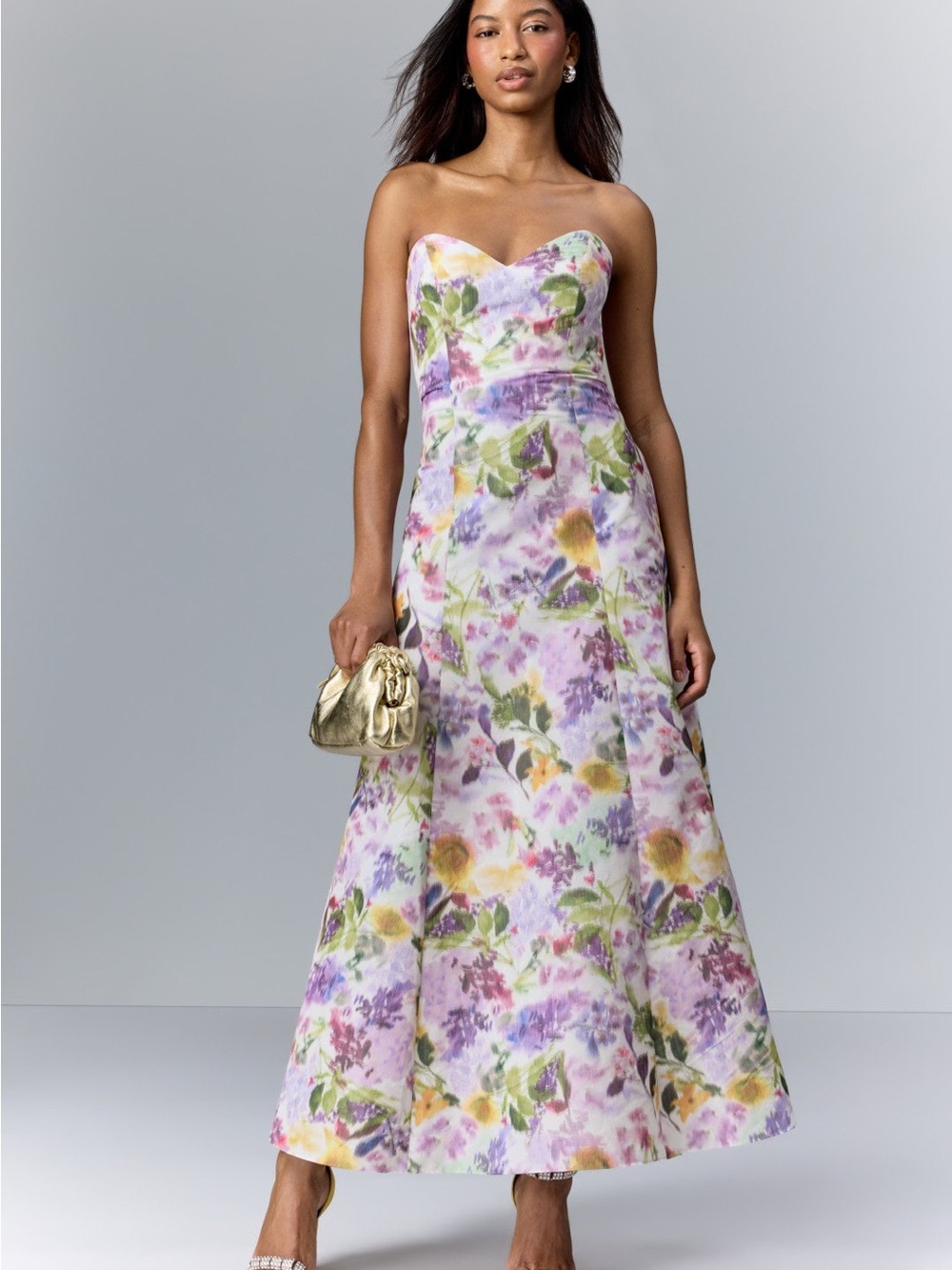 Strapless Floral A-Line Maxi Dress in Lavender Multi